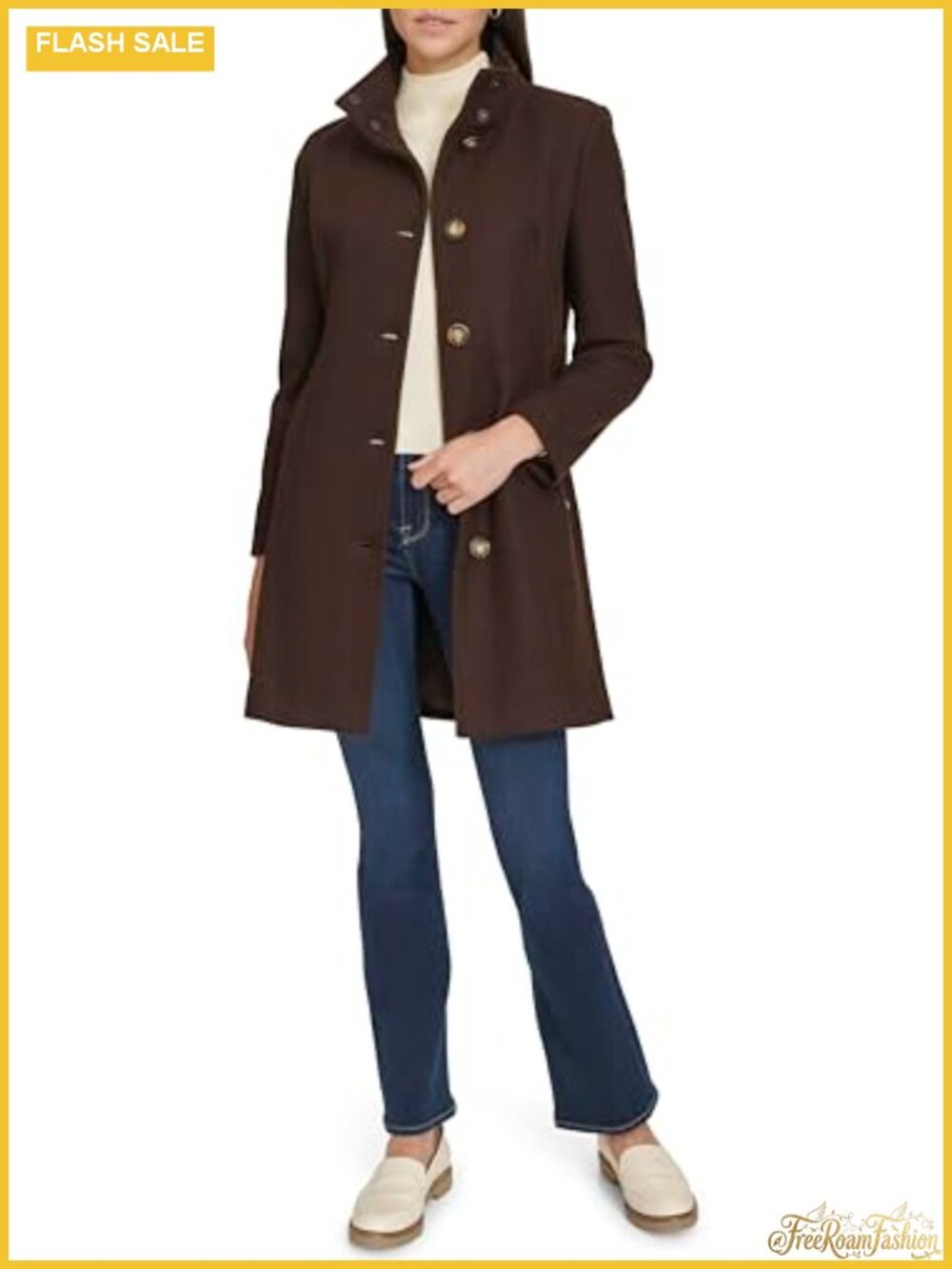 Calvin Klein Women's Long Faux Wool Pea Coat, Button Front Stand Collar